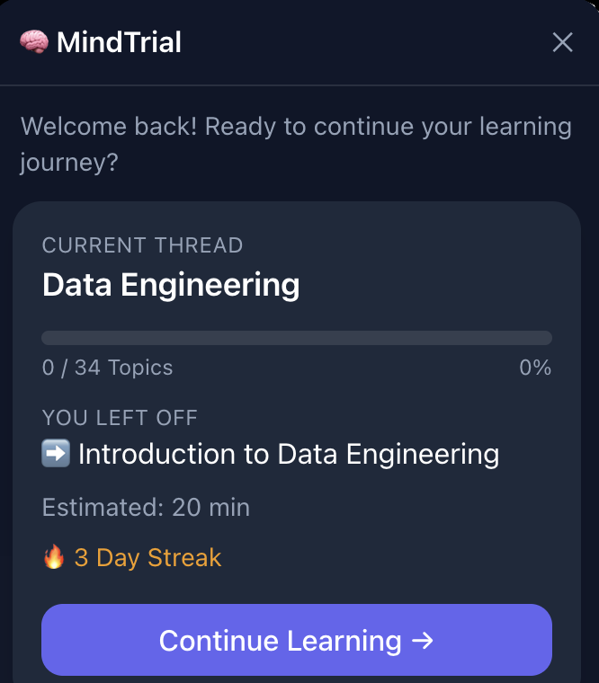 MindTrial Reminder Card open on chatgpt.com, showing the Data Engineering thread at 0 of 34 topics with a 3 day streak and a Continue Learning button.